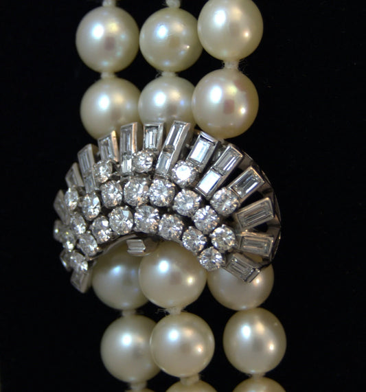 Exquisite Platinum Diamond Three-Strand Pearl Necklace – Timeless Luxury