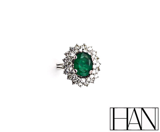 Victorian Platinum Ring with Natural 1.70 ct Emerald and 2.52 ct Diamond Halo