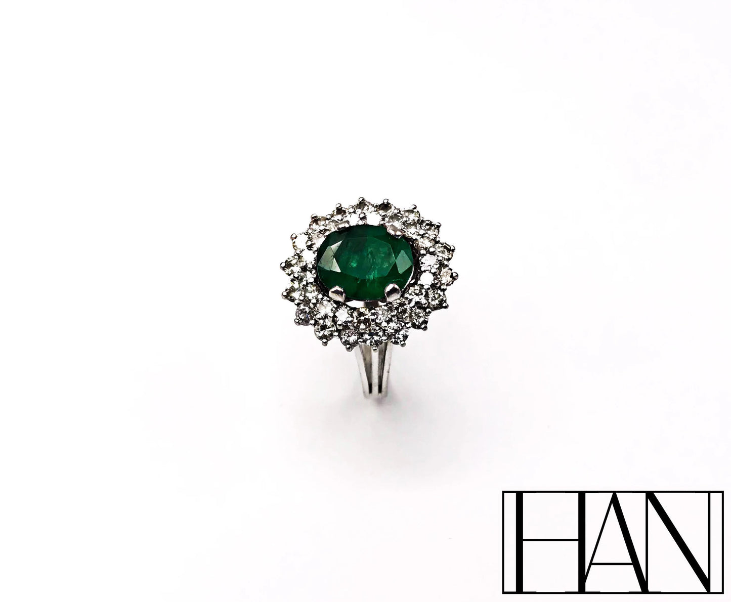 Victorian Platinum Ring with Natural 1.70 ct Emerald and 2.52 ct Diamond Halo