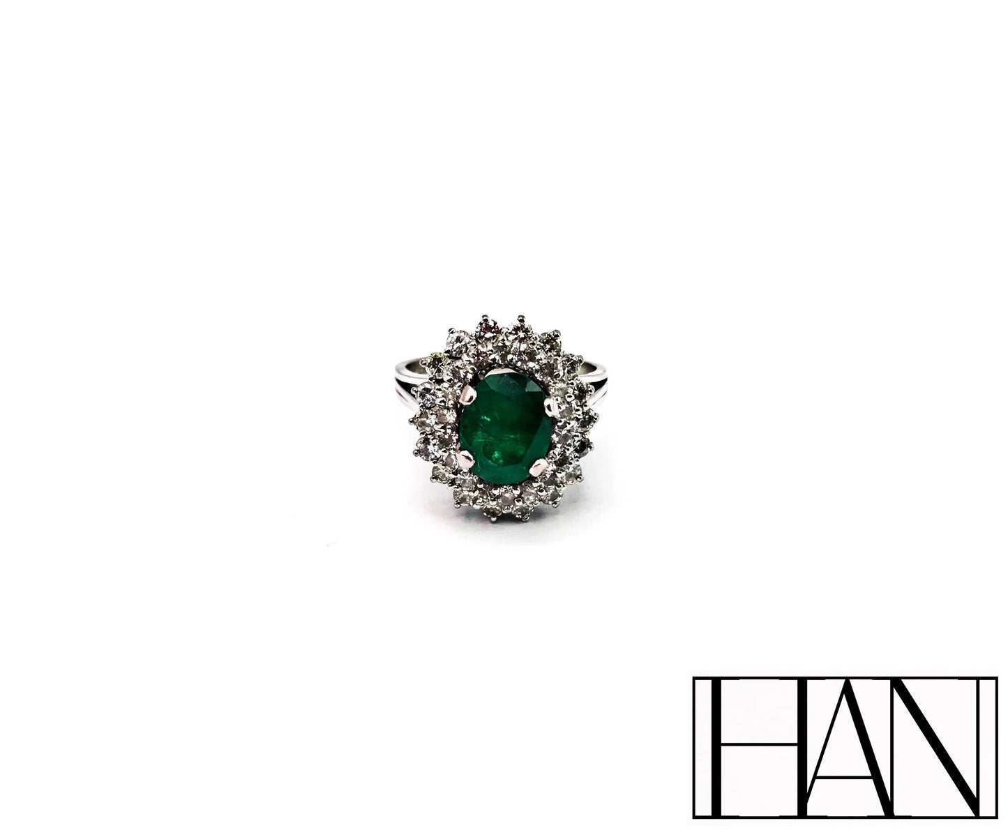 Victorian Platinum Ring with Natural 1.70 ct Emerald and 2.52 ct Diamond Halo