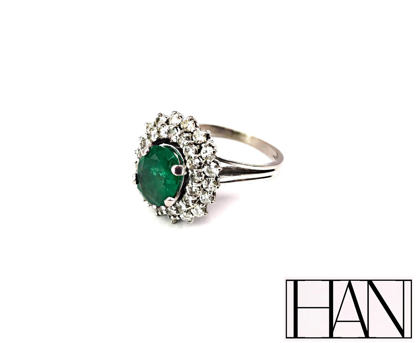 Victorian Platinum Ring with Natural 1.70 ct Emerald and 2.52 ct Diamond Halo