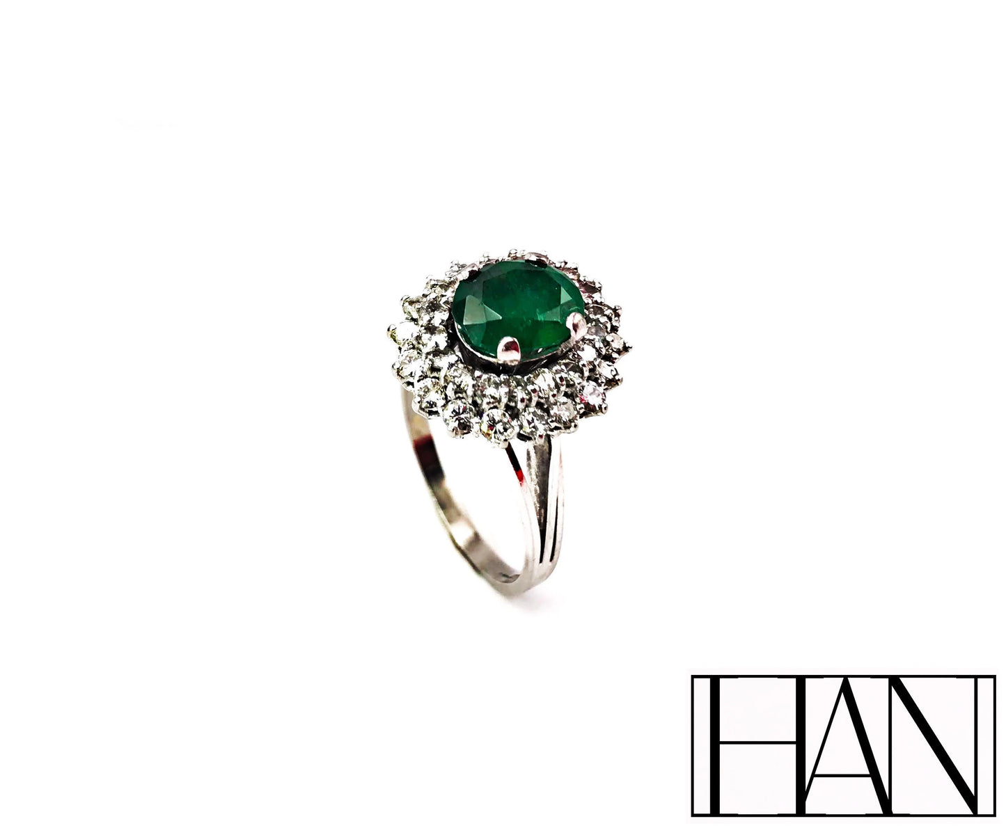 Victorian Platinum Ring with Natural 1.70 ct Emerald and 2.52 ct Diamond Halo