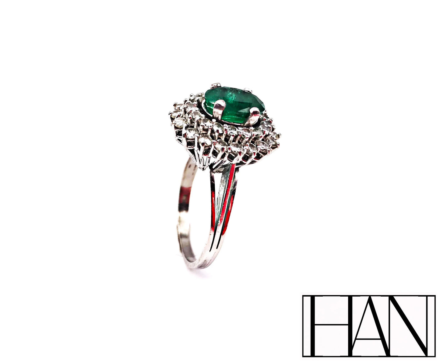 Victorian Platinum Ring with Natural 1.70 ct Emerald and 2.52 ct Diamond Halo